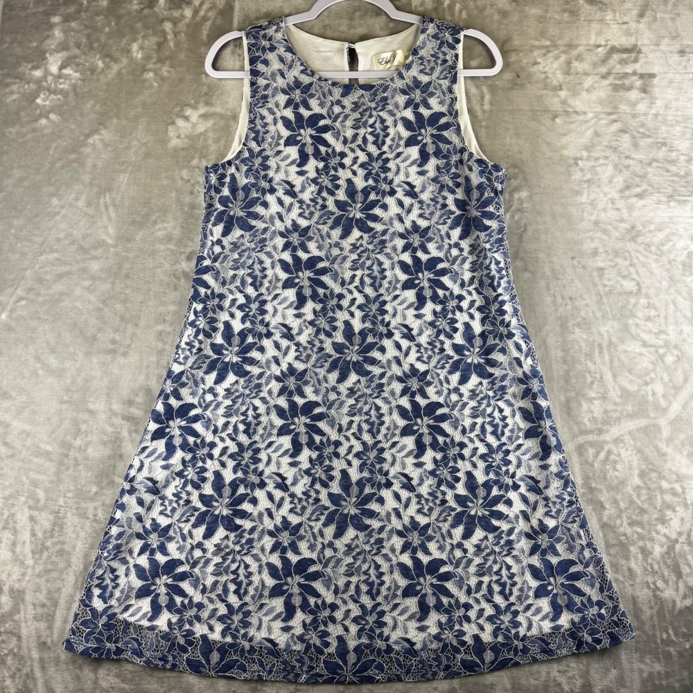 Eliza J Floral Lace‎ Dress Women Size 8 Blue White Sleeveless Shift (1442))